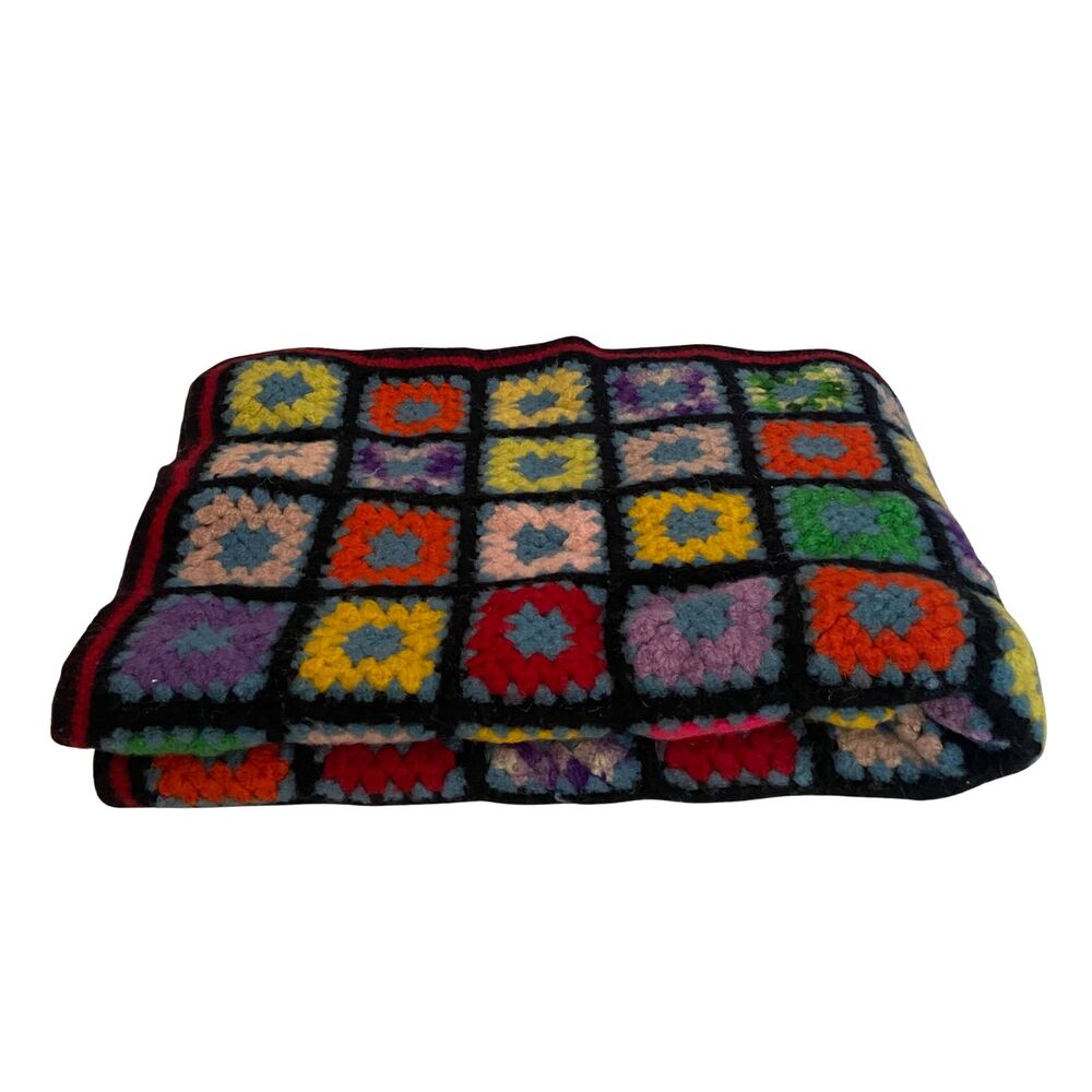 VTG Felted Wool Granny Square Crochet Afghan Blanket 38x56 Black w/ Bright Yarn